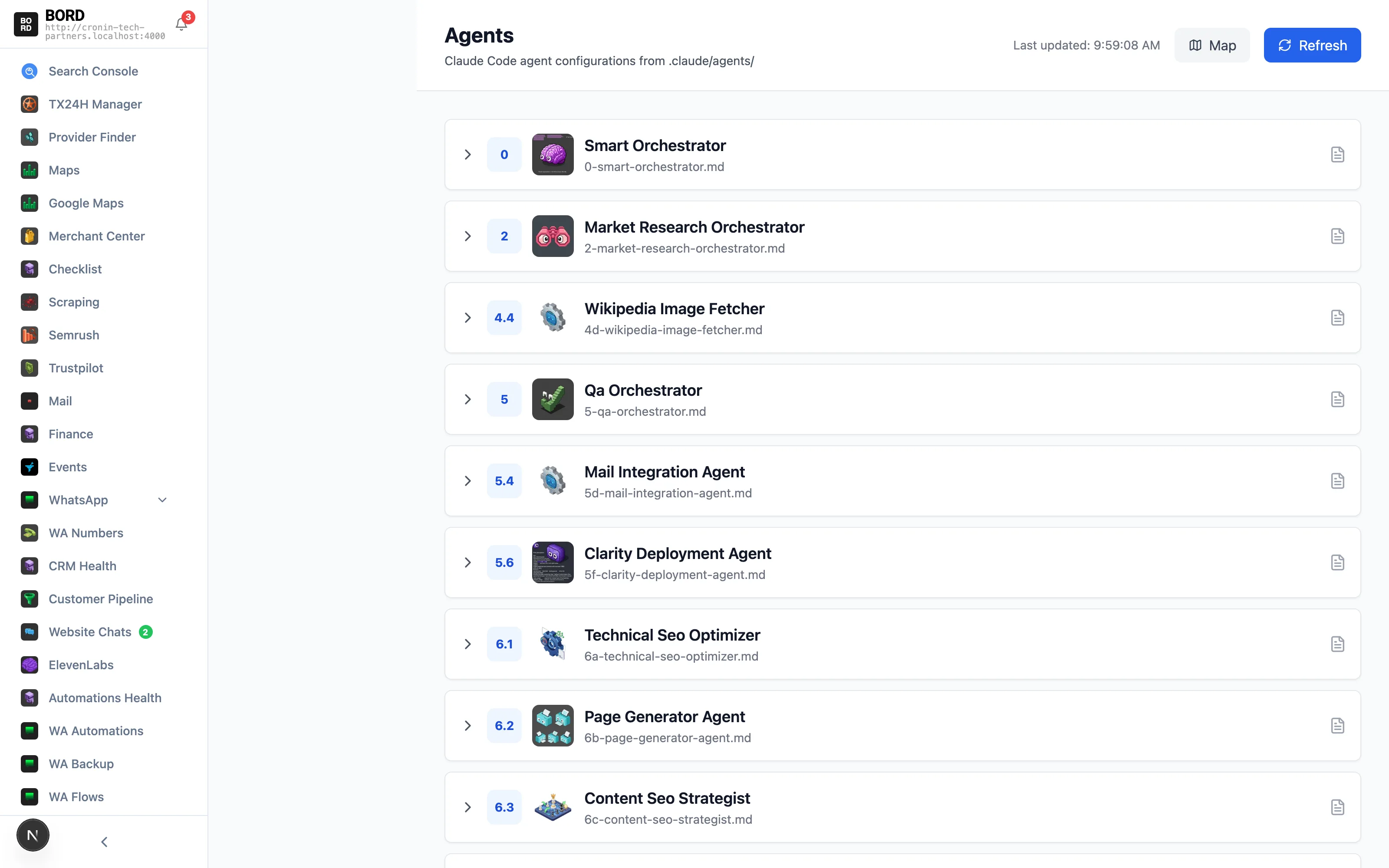 Agent panel showing 19 active specialist agents